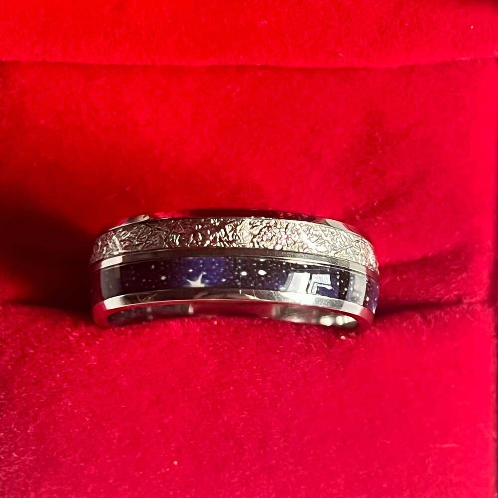Tungsten Carbide Meteorite Blue Sandstone Ring Size 13
